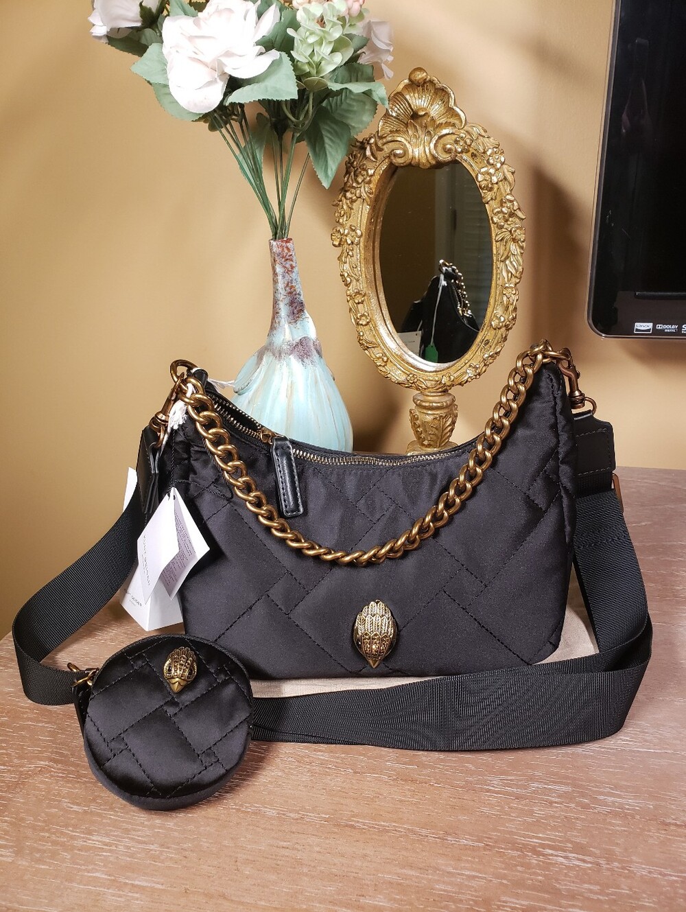 Kurt Geiger Black Quilted Crossbody w/ Pouch, Gold Eagle & Dusty NWT!
